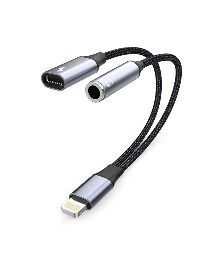 محول Lightning إلى مقبس سماعة رأس 3.5 مم لأجهزة iPhone، يتميز بوظيفة مزدوجة كمحول ومقسم بين الجهاز ومقبس سماعة الرأس. اشحن واستمع في نفس الوقت. متوافق مع أجهزة iOS: الهواتف/الأجهزة اللوحية/iPhone 14/13/12/11/XS/XR/X/8/7. - Image 1